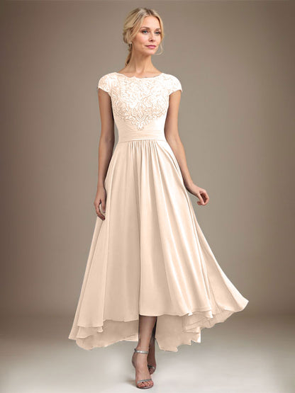 A-line Scoop Illusion Asymmetrical Lace Chiffon Mother of the Bride Dress With Pleated