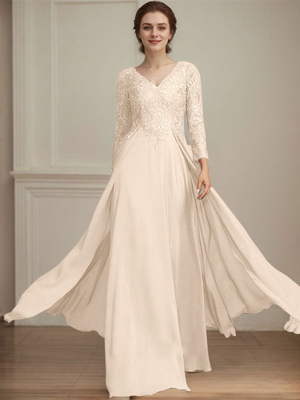 A-Linie V-Ausschnitt Bodenlanges Spitzen-Chiffon-Kleid für die Brautmutter mit Pailletten 