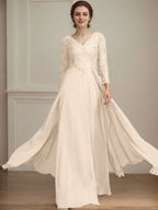 A-Linie V-Ausschnitt Bodenlanges Spitzen-Chiffon-Kleid für die Brautmutter mit Pailletten 