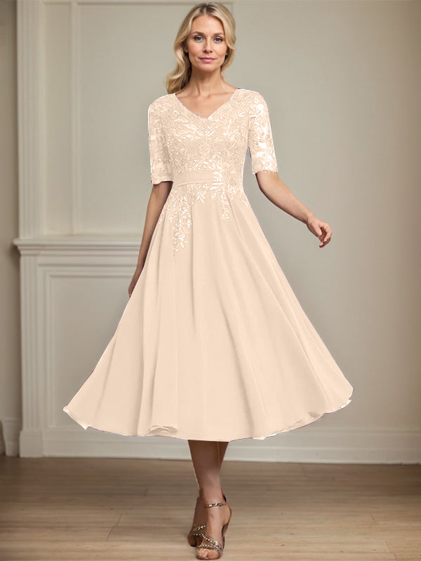 Vestido de gasa con encaje y lentejuelas para madre de la novia, corte A, escote en V y largo hasta la rodilla