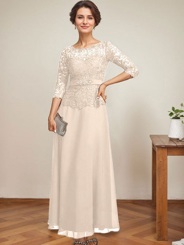 Vestido de gasa con encaje y escote en A, ilusión, largo hasta los tobillos, para madre de la novia con cuentas de diamantes de imitación