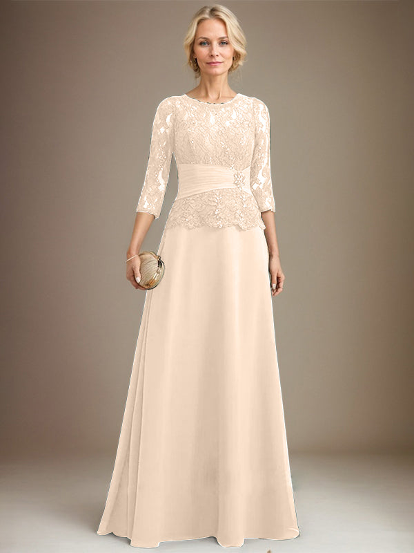 Vestido de gasa con encaje, corte A, ilusión, largo hasta el suelo, para madre de la novia, con lentejuelas plisadas y abalorios