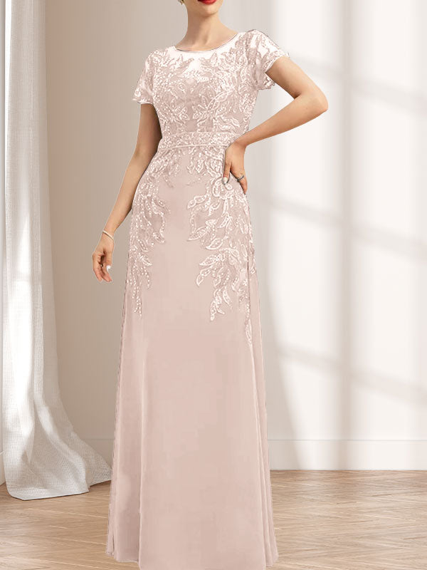 Vestido de madre de la novia de gasa con encaje, escote redondo, ilusión, largo hasta el suelo, con lentejuelas