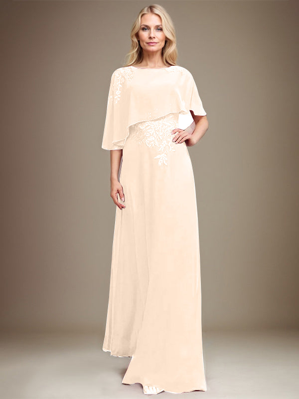 A-Linie U-Ausschnitt Bodenlang Chiffon Spitze Kleid für die Brautmutter mit Pailletten und Perlen 