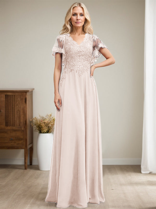 Vestido de madre de la novia de gasa con encaje, escote en V y lentejuelas, largo hasta el suelo