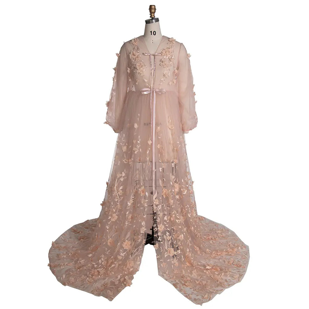 Blush 3D Floral Lace Boho Maternity Dress Sheer Mesh Fairy Outfit for Photoshoot SY240107