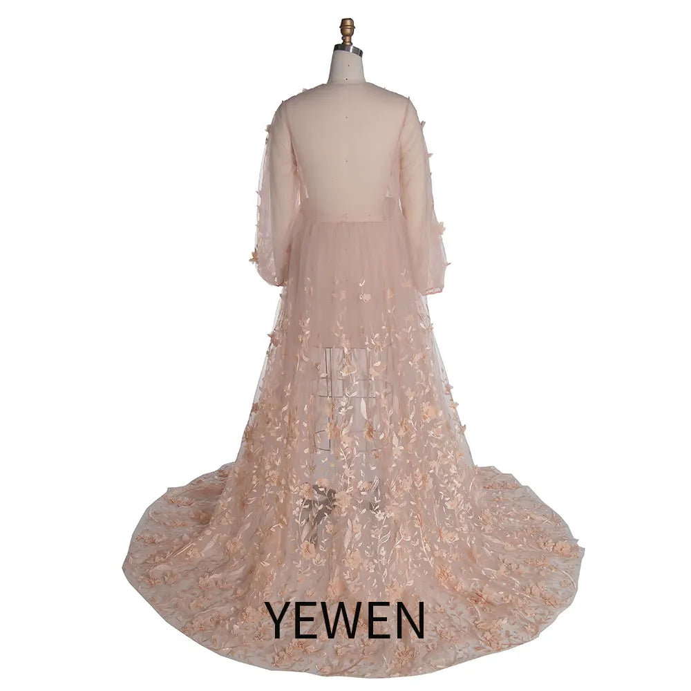 Blush 3D Floral Lace Boho Maternity Dress Sheer Mesh Fairy Outfit for Photoshoot SY240107