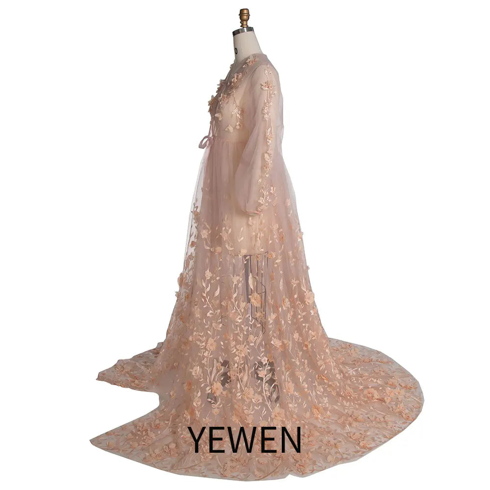 Blush 3D Floral Lace Boho Maternity Dress Sheer Mesh Fairy Outfit for Photoshoot SY240107