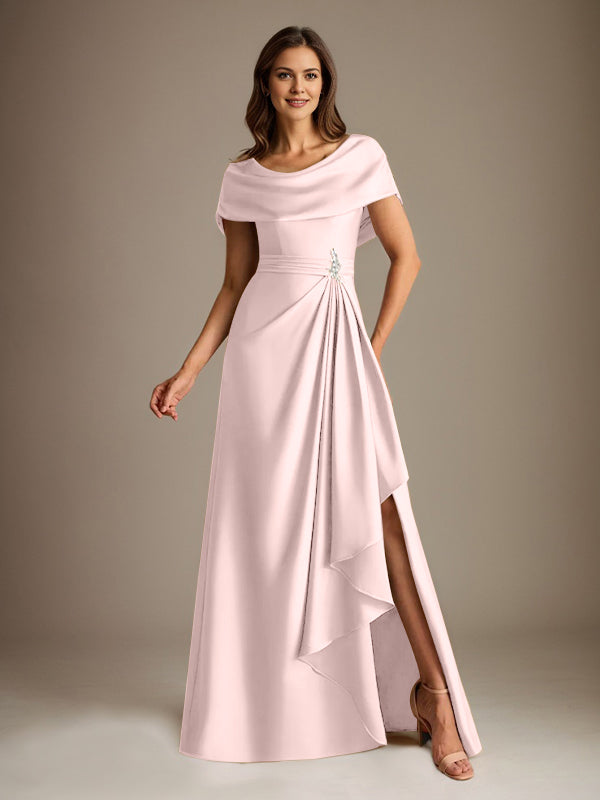 Vestido de madre de la novia de satén elástico, corte A, largo hasta el suelo, con escote redondo y volantes en cascada