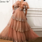 Verkauf Erröten Rosa V-ausschnitt Sexy Sparkle Abendkleider 2025 A-Line Tiered Pailletten Tüll Abendkleider LA60765 
