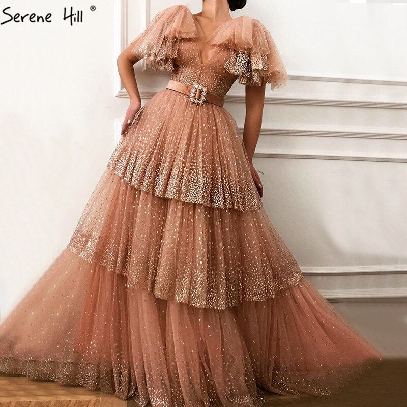 Verkauf Erröten Rosa V-ausschnitt Sexy Sparkle Abendkleider 2025 A-Line Tiered Pailletten Tüll Abendkleider LA60765 