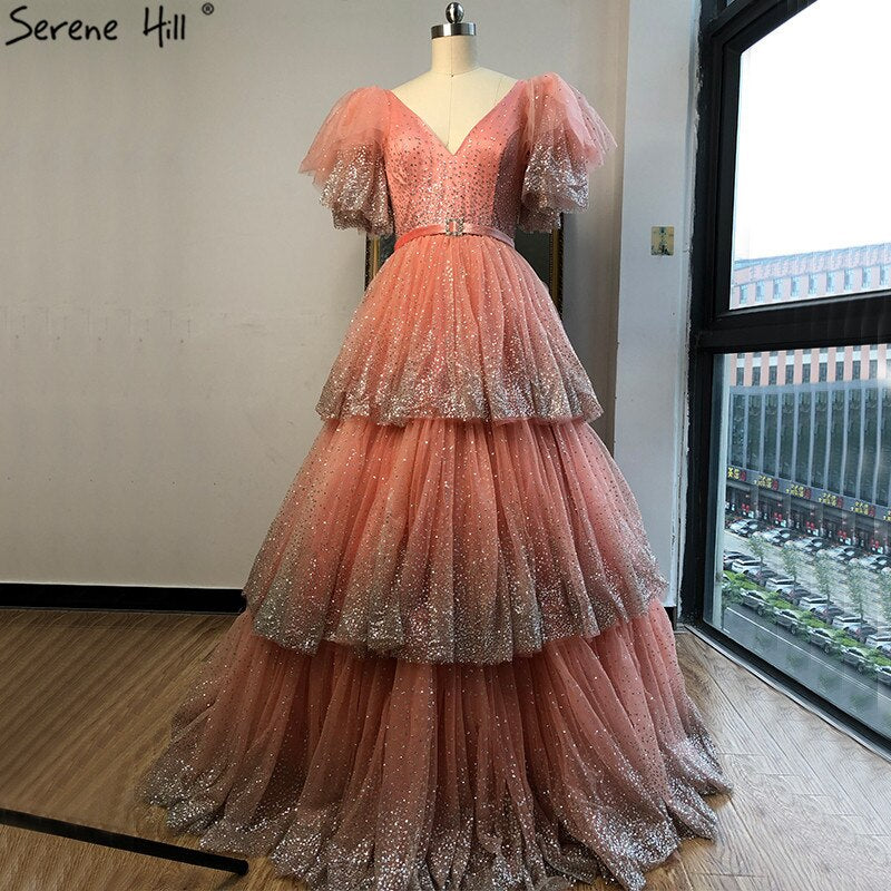 Verkauf Erröten Rosa V-ausschnitt Sexy Sparkle Abendkleider 2025 A-Line Tiered Pailletten Tüll Abendkleider LA60765 