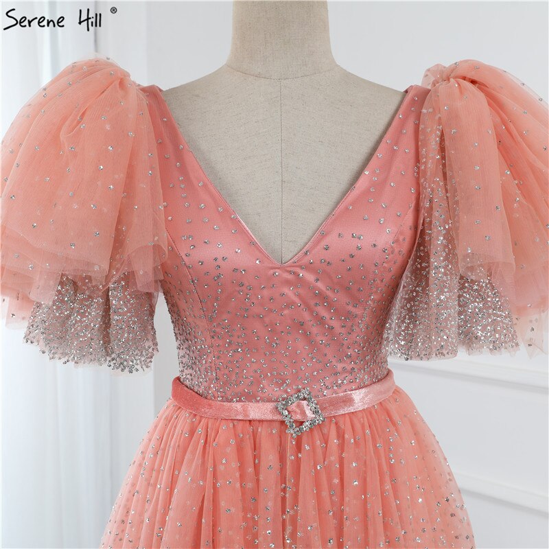 Verkauf Erröten Rosa V-ausschnitt Sexy Sparkle Abendkleider 2025 A-Line Tiered Pailletten Tüll Abendkleider LA60765 