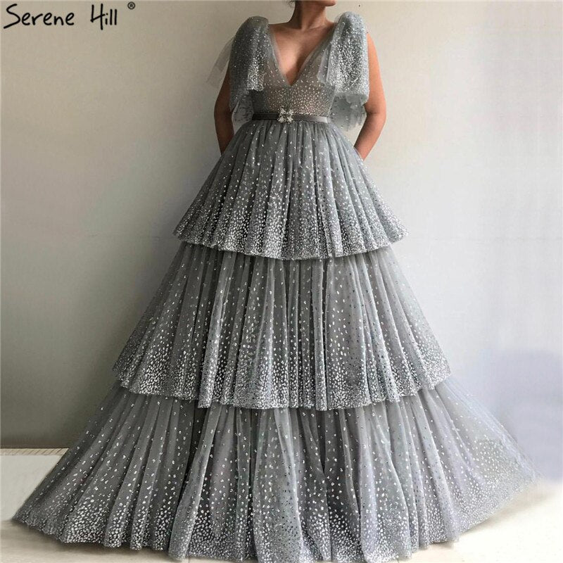 Verkauf Erröten Rosa V-ausschnitt Sexy Sparkle Abendkleider 2025 A-Line Tiered Pailletten Tüll Abendkleider LA60765 