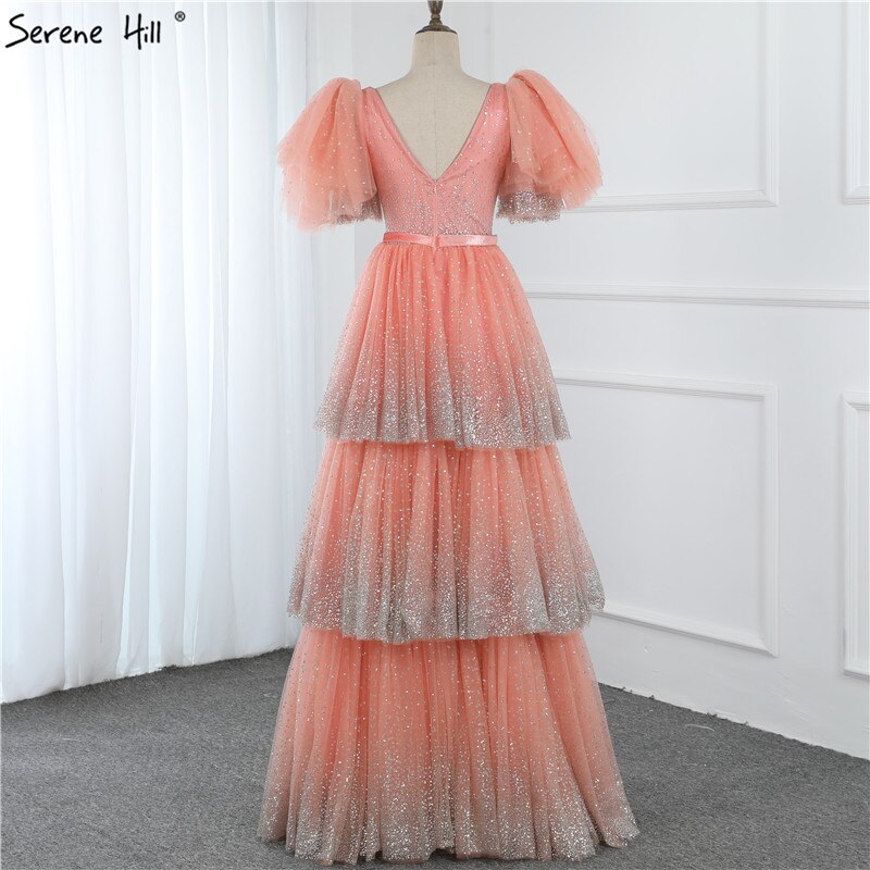 Verkauf Erröten Rosa V-ausschnitt Sexy Sparkle Abendkleider 2025 A-Line Tiered Pailletten Tüll Abendkleider LA60765 