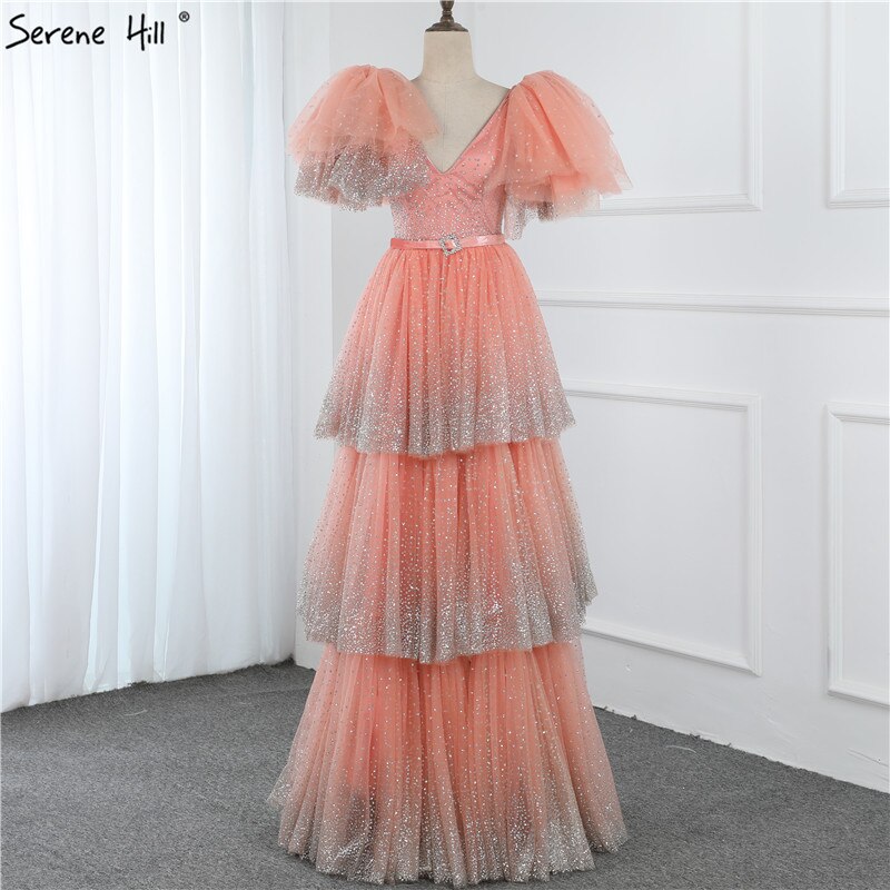 Verkauf Erröten Rosa V-ausschnitt Sexy Sparkle Abendkleider 2025 A-Line Tiered Pailletten Tüll Abendkleider LA60765 