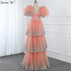 Verkauf Erröten Rosa V-ausschnitt Sexy Sparkle Abendkleider 2025 A-Line Tiered Pailletten Tüll Abendkleider LA60765 