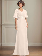 Vestido de gasa para madre de la novia, corte A, escote en V, largo hasta el suelo, con apliques de lentejuelas plisadas y encaje