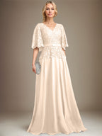 Vestido de gasa con encaje y escote en V hasta el suelo para madre de la novia con broche de cristal y diamantes de imitación