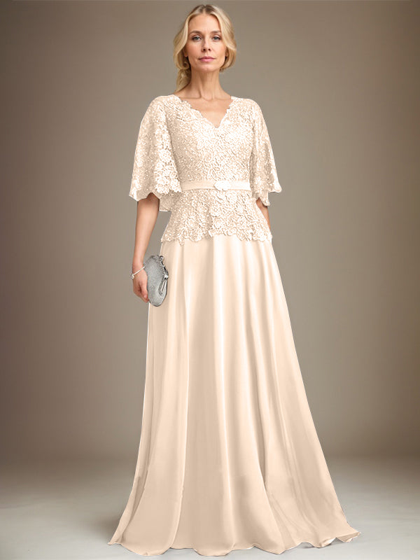 A-Linie V-Ausschnitt Bodenlanges Chiffon-Spitzenkleid für die Brautmutter mit Kristallbrosche und Strass 