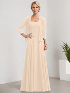 Vestido de madre de la novia de gasa con encaje, corte A, largo hasta el suelo, cuadrado y lentejuelas