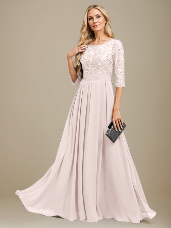 Vestido de madre de la novia de gasa con encaje, corte A, largo hasta el suelo y apliques de lentejuelas