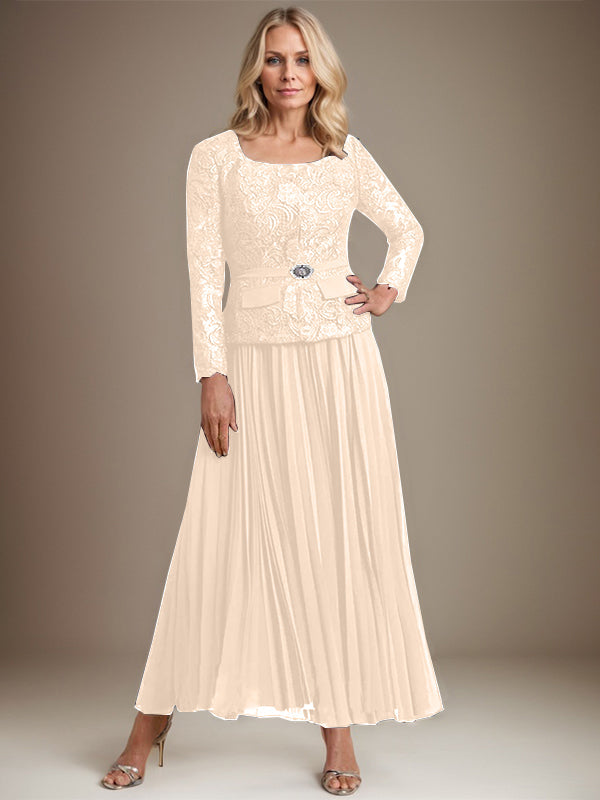 Vestido de gasa para madre de la novia con corte A, cuadrado, largo hasta los tobillos, con pliegues