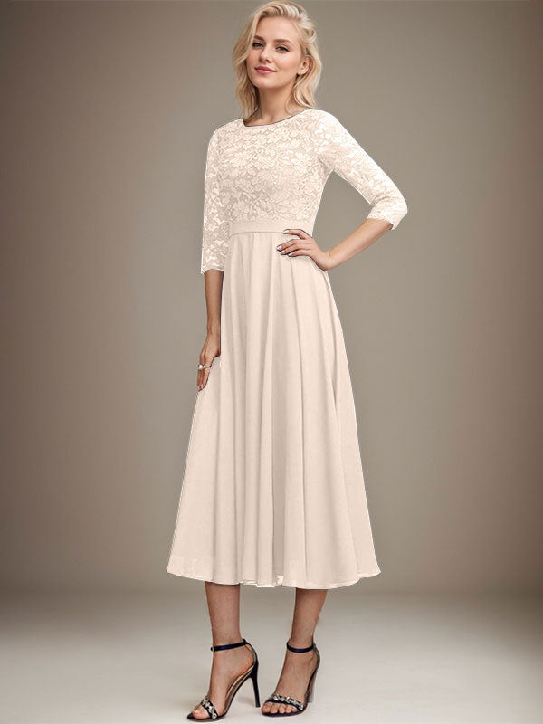 Vestido de gasa con encaje y lentejuelas para madre de la novia, corte A, escote redondo y largo hasta la rodilla