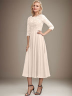 Vestido de gasa con encaje y lentejuelas para madre de la novia, corte A, escote redondo y largo hasta la rodilla