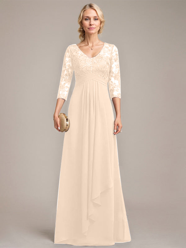 Vestido de madre de la novia de gasa con encaje, escote en V, largo hasta el suelo, con volantes en cascada y lentejuelas