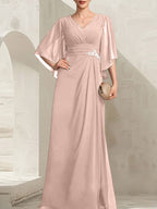 Vestido de gasa para madre de la novia, con escote en V, largo hasta el suelo, con lentejuelas plisadas y abalorios