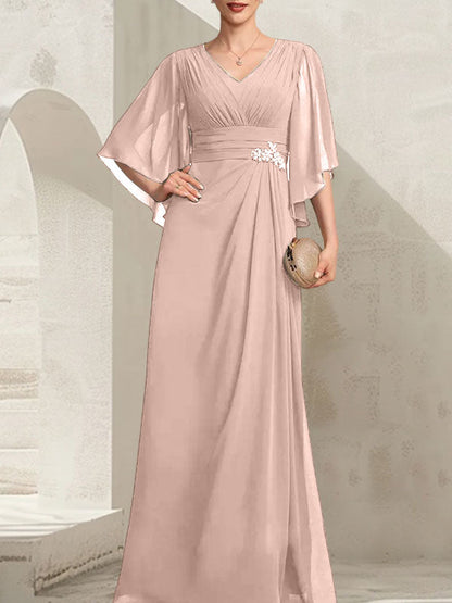 Etui-Linie/Säule V-Ausschnitt Bodenlang Chiffon Kleid für die Brautmutter mit Plissee Pailletten Perlenbesatz