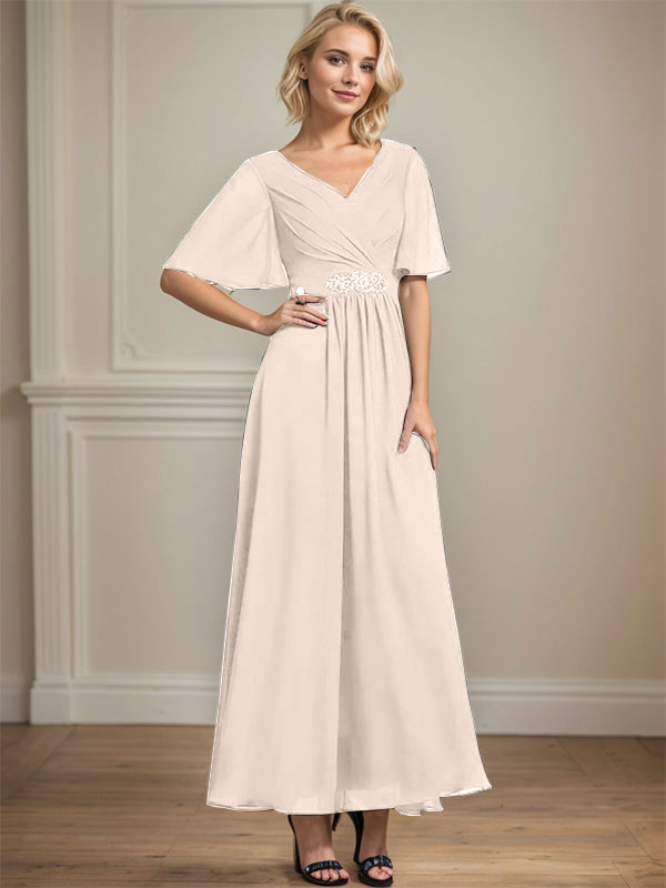 Vestido de gasa para madre de la novia con escote en V, largo hasta los tobillos, corte A y lentejuelas plisadas con cuentas