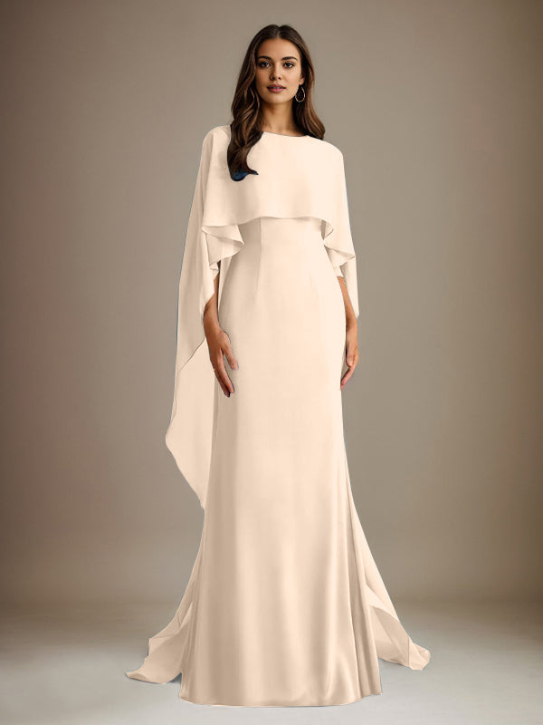 Vestido de gasa para madre de la novia, largo hasta el suelo, con escote barco y corte tubo/columna y volantes en cascada