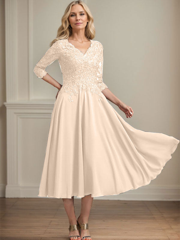 A-Linie V-Ausschnitt Wadenlanges Chiffon-Spitzenkleid für die Brautmutter mit Perlen und Pailletten 