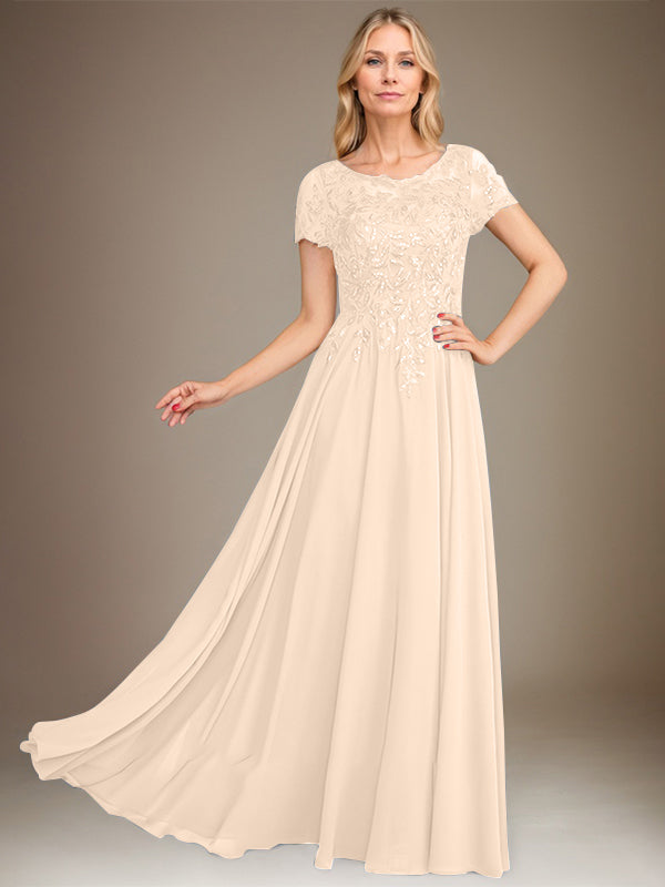 Vestido de gasa para madre de la novia, corte A, largo hasta el suelo, con apliques y lentejuelas