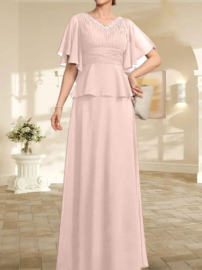 A-Linien-Kleid aus Chiffon mit V-Ausschnitt und bodenlangem Schnitt für die Brautmutter mit plissierten Perlen