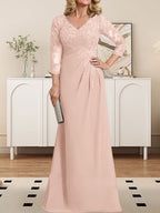 Vestido de madre de la novia de gasa con encaje, escote en V, ilusión, largo hasta el suelo, con lentejuelas plisadas
