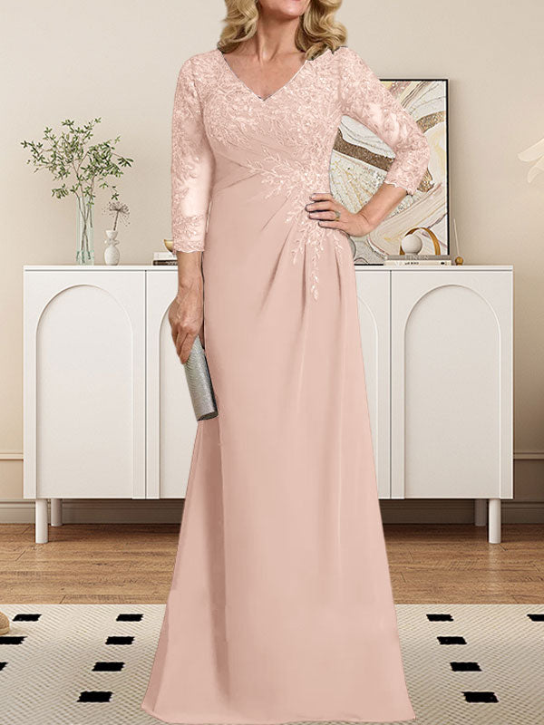 Vestido de madre de la novia de gasa con encaje, escote en V, ilusión, largo hasta el suelo, con lentejuelas plisadas