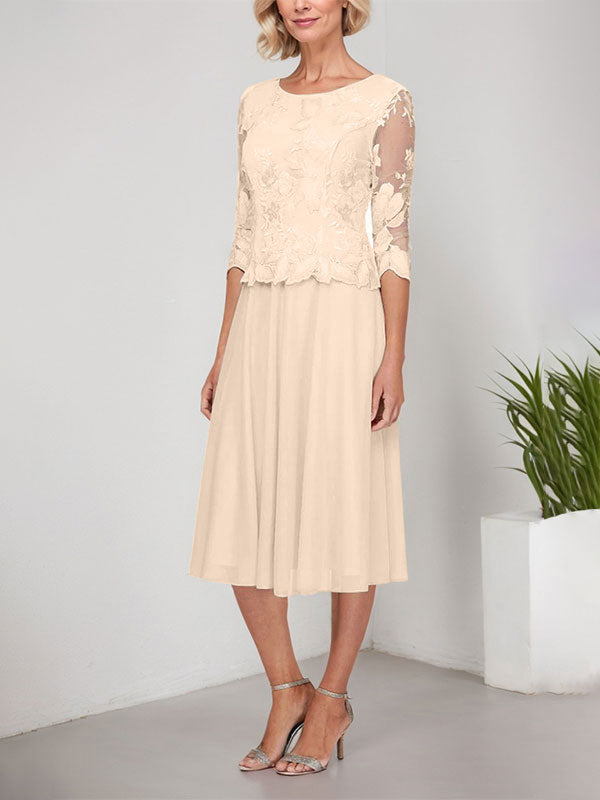 Vestido de gasa con encaje y bordado para madre de la novia, corte A, escote redondo y largo hasta la rodilla