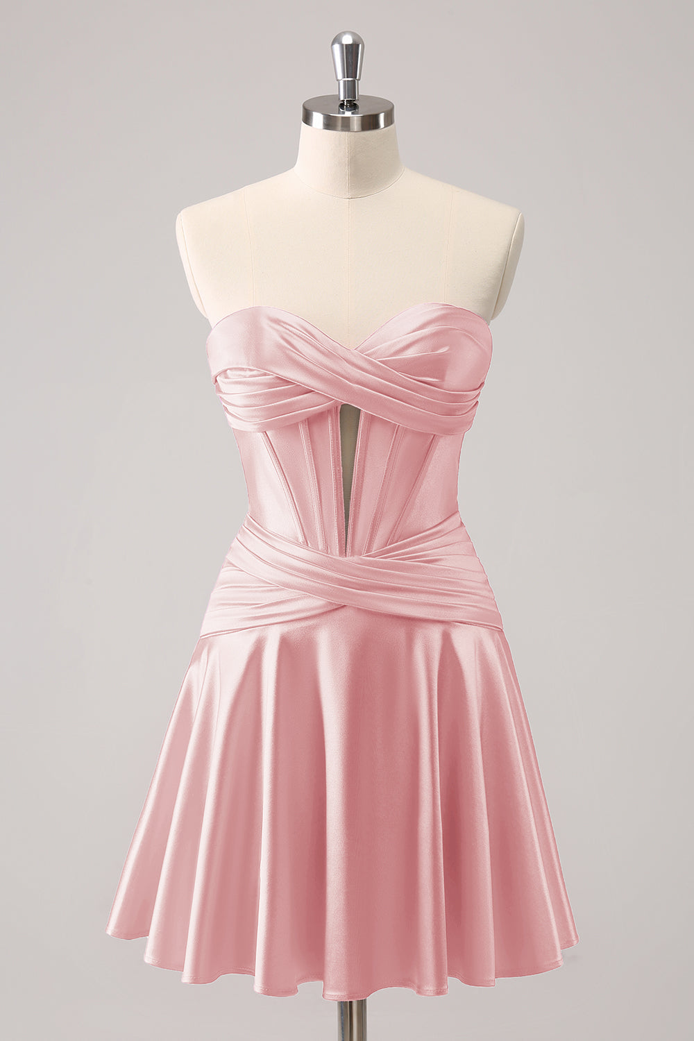 Hermoso vestido de fiesta fucsia con escote en forma de A, corsé cruzado y volantes