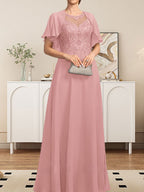 Vestido de gasa con encaje y lentejuelas para madre de la novia, corte A, escote ilusión, largo hasta el suelo