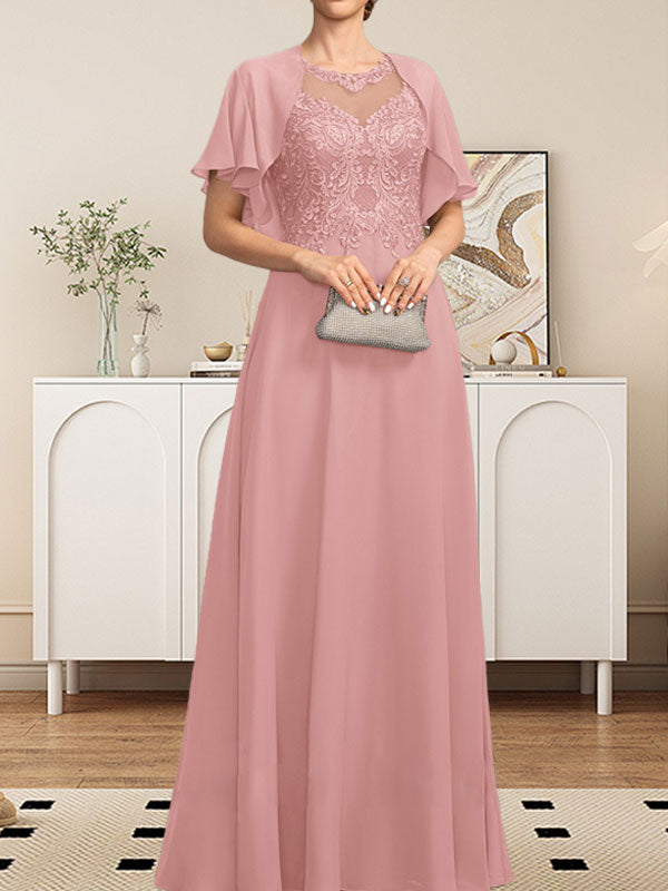 Vestido de gasa con encaje y lentejuelas para madre de la novia, corte A, escote ilusión, largo hasta el suelo