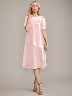 Vestido de madre de la novia con corte en A, escote redondo y largo hasta la rodilla, con apliques y lentejuelas