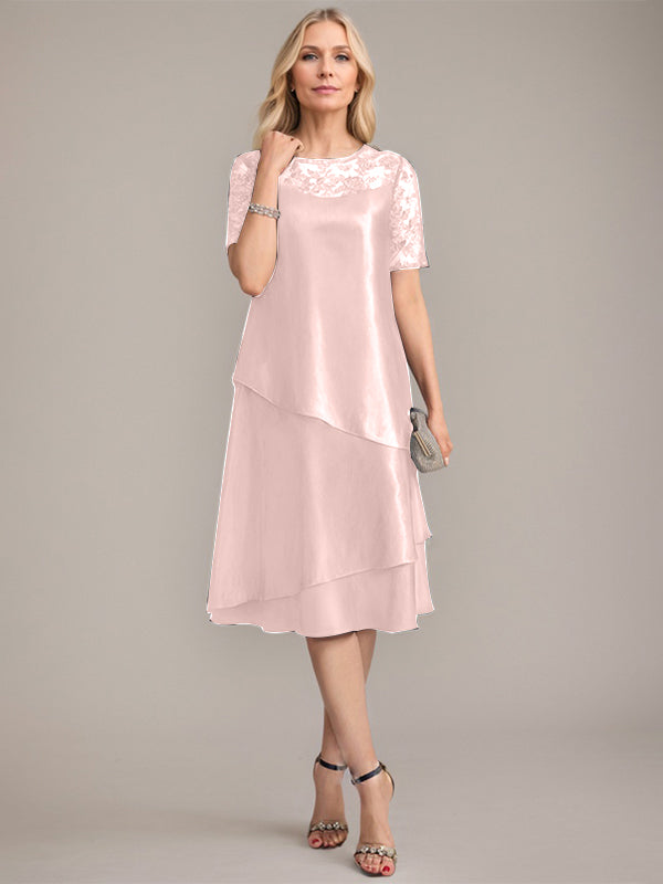 Vestido de madre de la novia con corte en A, escote redondo y largo hasta la rodilla, con apliques y lentejuelas