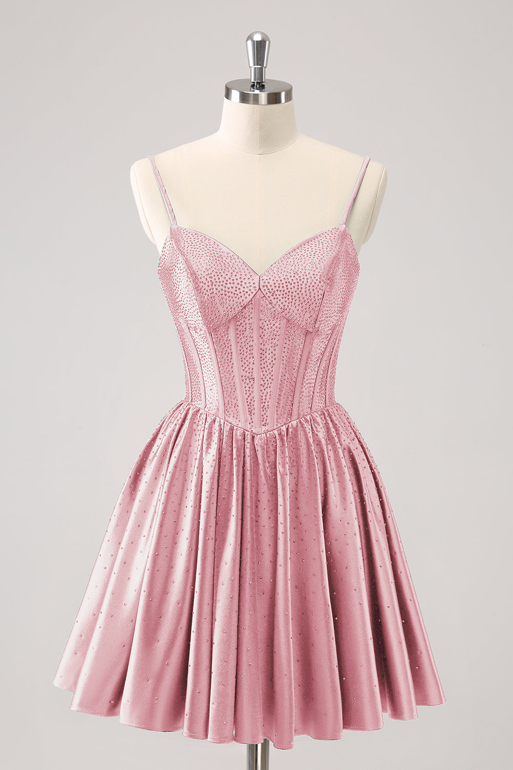 Vestido corto rojo de fiesta con tirantes finos, volantes y corsé, corte A y cuentas
