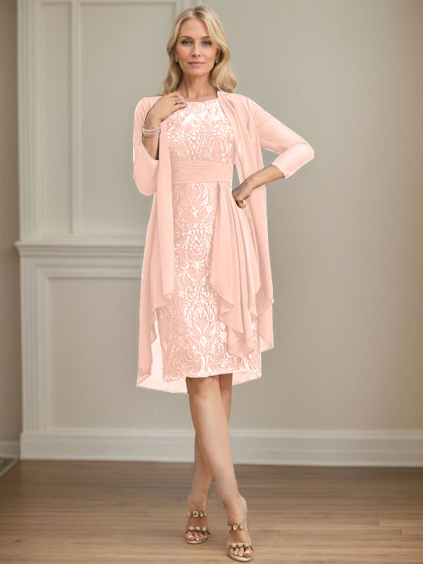Vestido de madre de la novia de gasa con encaje, escote redondo, ilusión, largo hasta la rodilla, con volantes en cascada y lentejuelas