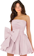 Vestidos de fiesta cortos y elegantes de corte A, sin mangas, sin tirantes, fruncidos, con cordones y lazo