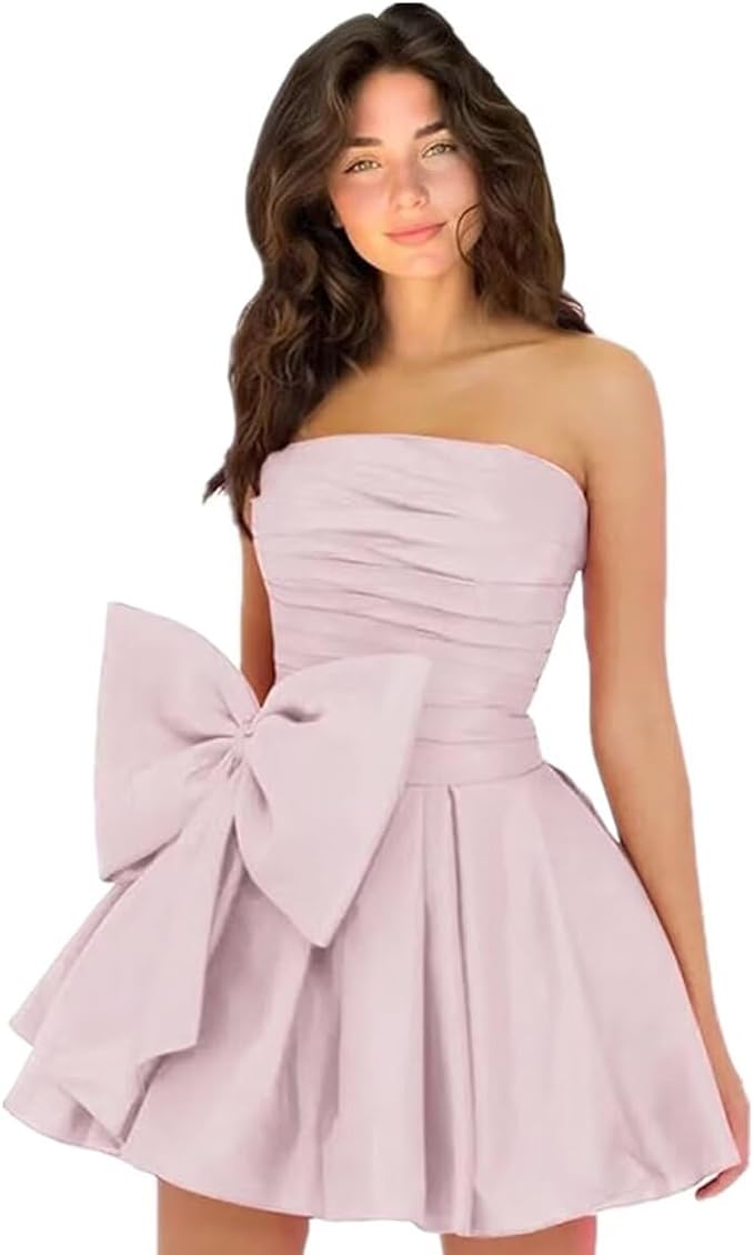 Vestidos de fiesta cortos y elegantes de corte A, sin mangas, sin tirantes, fruncidos, con cordones y lazo