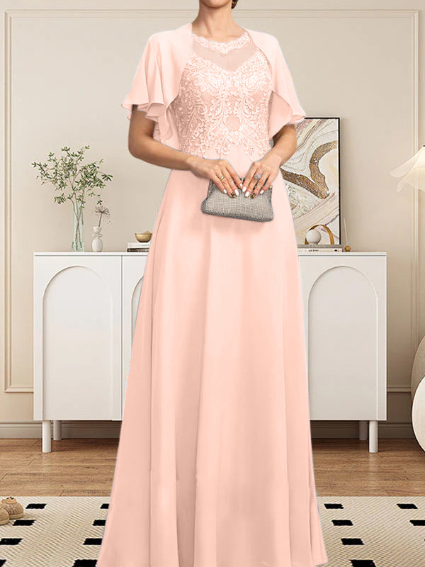 Vestido de gasa con encaje y lentejuelas para madre de la novia, corte A, escote ilusión, largo hasta el suelo